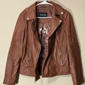 Vintage y2k GUESS Women's 100% geniune Leather Moto jacket in cognac brown